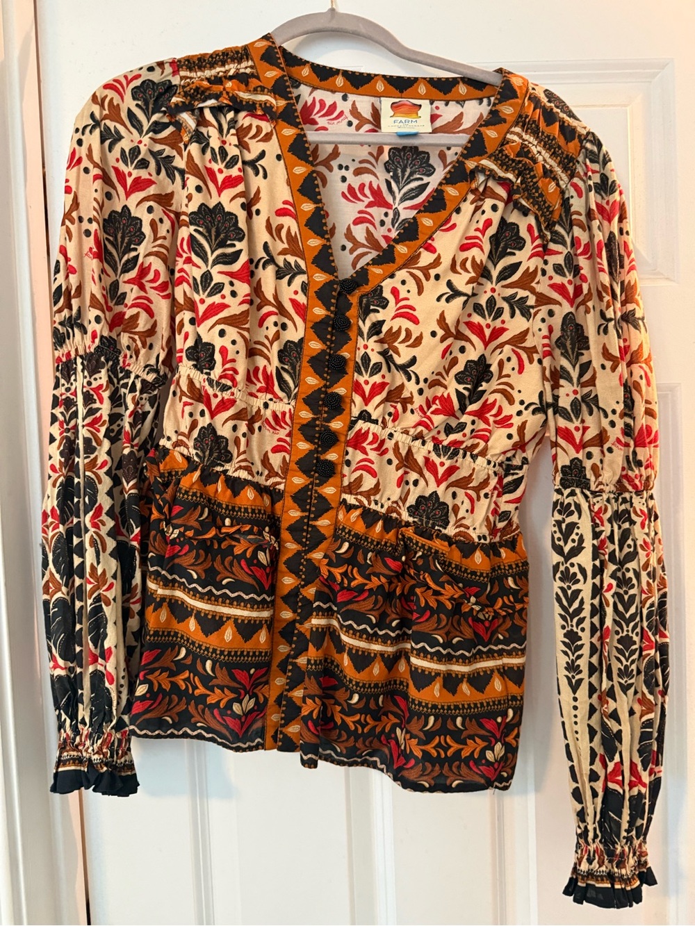 FARM Rio Cream Peasant Blouse with Red & Brown Floral Print